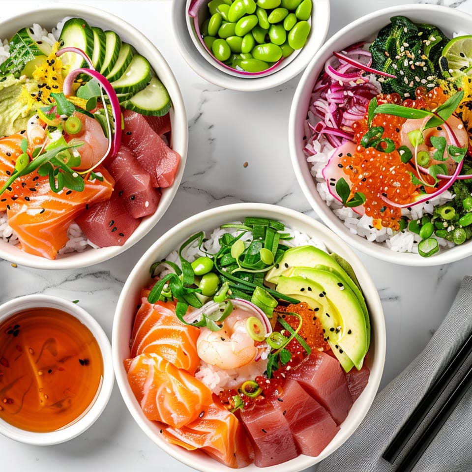 Three colorful poke bowls with salmon, tuna, shrimp, avocado, and various toppings on a marble surface.
