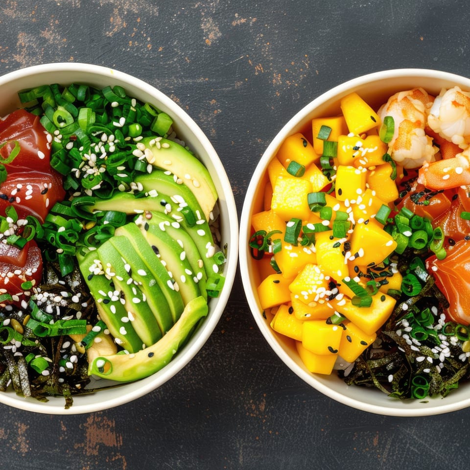 Two colorful poke bowls, one with tuna and avocado, the other with shrimp, salmon, and mango.