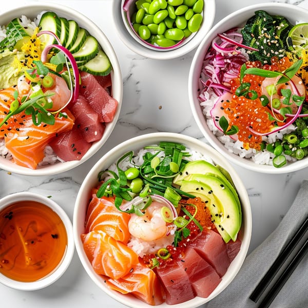 Three colorful poke bowls with salmon, tuna, shrimp, avocado, and various toppings on a marble surface.